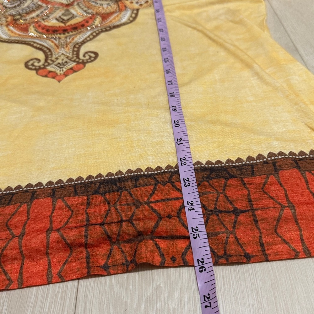 3/$10 Chico's Yellow Orange Paisley Rhinestone Accented Blouse - Picture 5 of 9